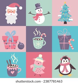 Christmas icons, characters, elements with geometric seamless square pattern for wrapping paper, background, wallpaper. Geometric pastel checkered print. 
