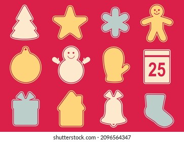 Iconos de Navidad. Árbol de Navidad, muñeco de nieve, mito y otros atributos de navidad ilustración vectorial