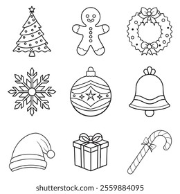 Christmas icons collection, black and white line art, vector illustration, festive holiday design.