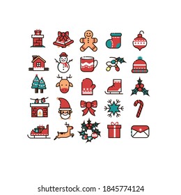 Christmas icons collection colorful classical flat sketch on a white background