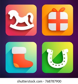 Christmas icons collection with rocking horse toy present sock and horseshoe on colorful squares isolated vector illustration