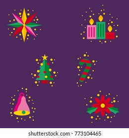 Christmas icons collection shinning / gift paper wrap / tree, flower, bell, candles and candy christmas /decoration, background, texture
