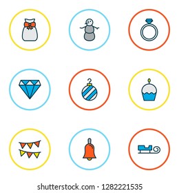 Christmas icons colored line set with gift sack, cupcake, diamond and other christmas elements. Isolated vector illustration christmas icons.