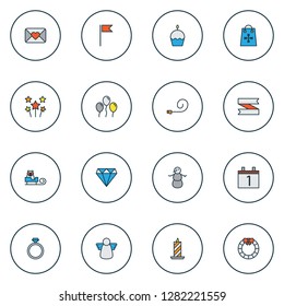 Christmas icons colored line set with day 1, snowman, sleigh with gift and other garland elements. Isolated vector illustration christmas icons.