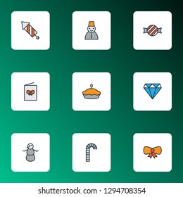 Christmas icons colored line set with diamond, candy cane, snowman lollipop elements. Isolated vector illustration christmas icons.
