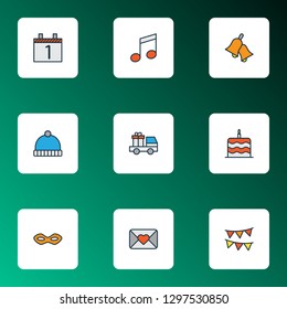 Christmas icons colored line set with cake, festive mask, close envelope and other birthday dessert elements. Isolated vector illustration christmas icons.