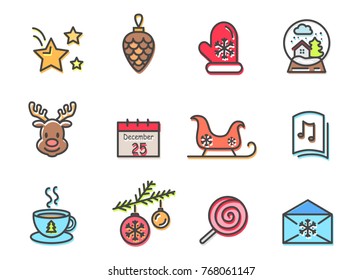 Christmas icons colorful set, icons of stars and mitten with snowflake pattern, reindeer and sleigh, letter and cup of hot drink vector illustration