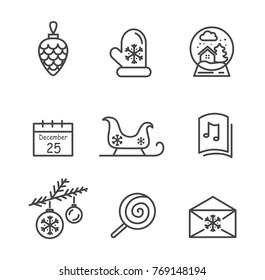 Christmas icons colorless collection, mitten with snowflake image, calendar with date, sled and candy, branch and balls, letter vector illustration