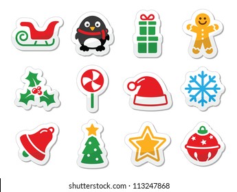 Christmas icons as colourful labels set