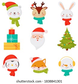 Christmas icons with cute little animals Santa gifts and Christmas tree