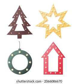 Christmas Icons And Decor Elements With Shining Lights. Small House, Star, Ball, Tree Isolated On White Background.