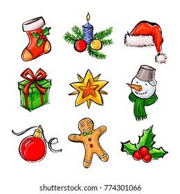 Christmas icons for decorating postcards.