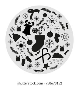 Christmas icons for decorations. Set of vector holiday elements. New Year. Black and white