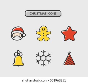 Christmas icons decorative for website or card such as Santa Claus , Gingerbread, Star, bell, Snowflakes and Party hat. flat minimal cute icons design vector.