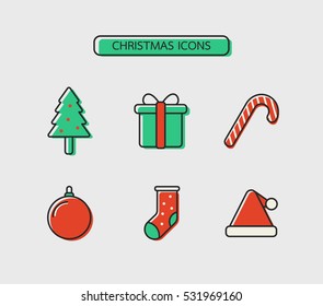 Christmas icons decorative for website or card such as pine tree, gift box, candy, ball, sock and Santa Claus hat. flat minimal cute icons design vector.