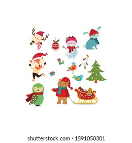 Christmas icons deer reindeer snowman elf gift santa tree ribbon