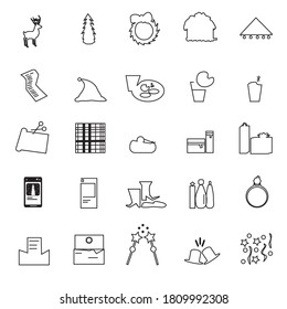 Christmas icons: deer, tree, wreath, snowed house, lights, list, hat, cookies and milk, hot drink, scissors, wrapping paper, tape, gifts, phone, shoes, bottles, ring, invite, wands, hats and confetti.