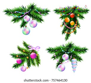 Christmas icons design elements and corner set. Christmas tree branches and decoration and ball. New year decoration isolated on white.