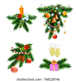 Christmas icons design elements set. Christmas tree branches and decoration and ball. New year decoration isolated on white.
