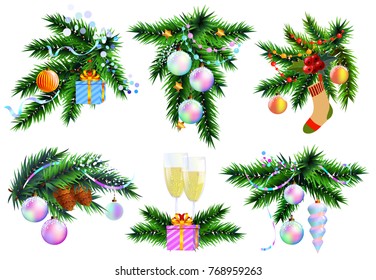 Christmas icons design elements set. Christmas tree branches and decoration and ball. New year decoration isolated on white.