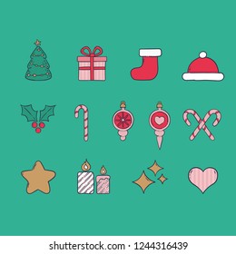 Christmas icons doodles, hand drawn Xmas decorative elements featuring Santa's hat, gifts, tree, etc.