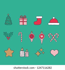 Christmas icons doodles, hand drawn Xmas decorative elements featuring Santa's hat, gifts, tree, etc.