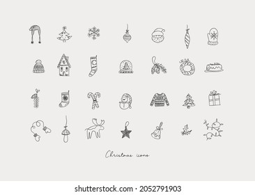 Christmas icons drawing in hand sketch style on grey background