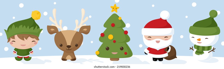 Christmas icons drawn in Kawaii style