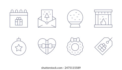 Christmas icons. Editable stroke. Containing bauble, calendar, christmascard, christmaspresent, fireplace, label, snowball, wreath.