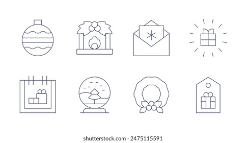 Navidades iconos. Trazo editable. Conteniendo adorno, calendario, bola de navidad, navidad, regalo, etiqueta, carta, corona.