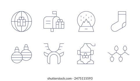 Christmas icons. Editable stroke. Containing bauble, boxingday, christmassock, christmas, headband, mailbox, nisse, snowball.
