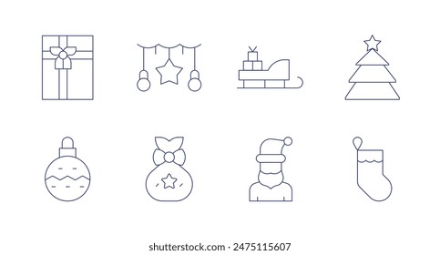 Christmas icons. Editable stroke. Containing bauble, box, christmassock, christmastree, garland, giftbag, santaclaus, sled.