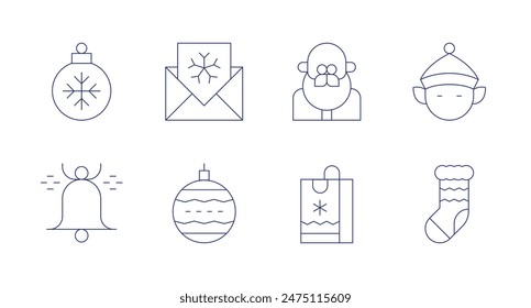 Christmas icons. Editable stroke. Containing bauble, bell, christmasball, christmascard, christmassock, elf, santaclaus, shoppingbag.