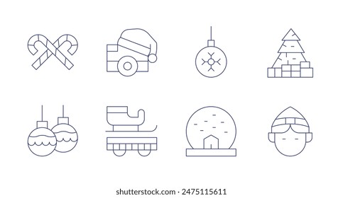 Christmas icons. Editable stroke. Containing ball, baubles, candycane, christmascamera, christmasparade, christmastree, elf, snow.