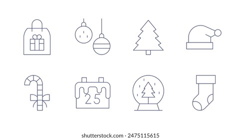 Christmas icons. Editable stroke. Containing bag, candycane, christmasball, christmassock, pinetree, santahat, snowglobe.