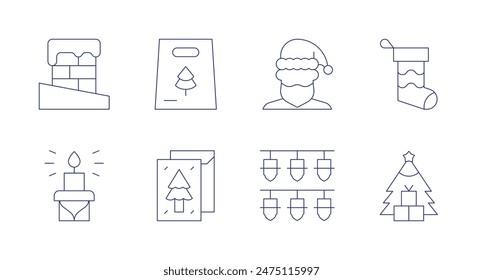 Christmas icons. Editable stroke. Containing candle, chimney, christmassock, christmastree, giftbag, greetingcard, lights, santaclaus.