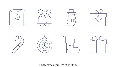 Christmas icons. Editable stroke. Containing candycane, christmasball, christmasholly, gift, gifts, snowman, socks, sweater.