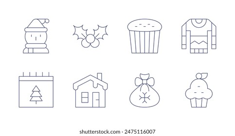 Christmas icons. Editable stroke. Containing christmasday, christmassweater, cupcake, house, mistletoe, panettone, sack, snowman.