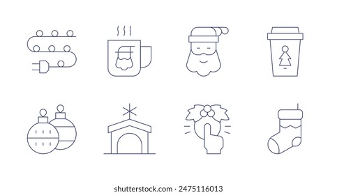 Weihnachtsmusiken-Symbole. Bearbeitbarer Strich. Enthält Weihnachtskugeln, Weihnachtsbeleuchtung, Hotchocolate, Krippe, Ringtürglocke, Weihnachtsmann.