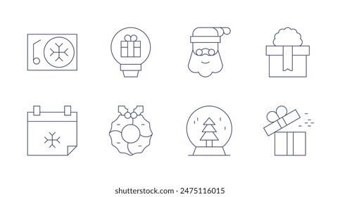 Christmas icons. Editable stroke. Containing christmas, christmasmusic, christmaspresent, gift, idea, santaclaus, snowglobe, wreath.