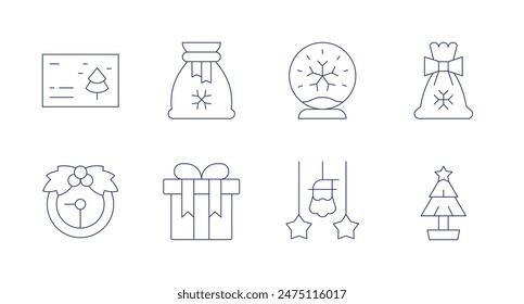 Christmas icons. Editable stroke. Containing christmas, christmasclock, christmaspresent, christmastree, gift, giftbag, ornament, snowball.