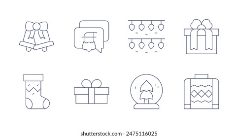 Christmas icons. Editable stroke. Containing christmas, christmasbell, christmaslights, christmaspresent, gift, message, snowglobe.