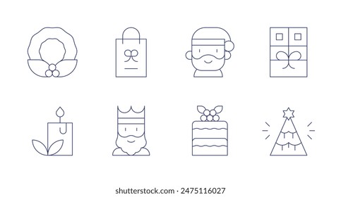 Christmas icons. Editable stroke. Containing candle, christmas, christmaspresent, christmastree, gaspar, giftbag, redvelvet, santaclaus.