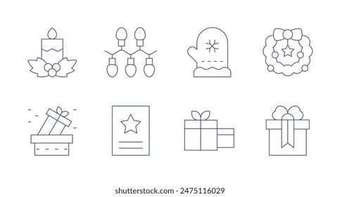 Navidades iconos. Trazo editable. Contiene vela, chimenea, regalo de Navidad, guirnalda de Navidad, tarjeta de felicitación, luces, mitón, presente.