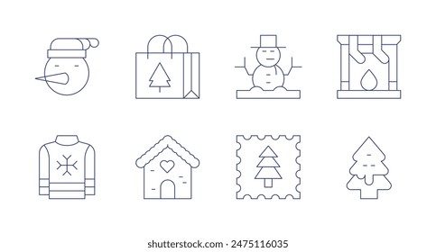 Weihnachtsmusiken-Symbole. Bearbeitbarer Strich. Enthalten Weihnachtsgeschenk, Kamin, Lebkuchen, Lebkuchenhaus, Schneemann, Stempel, Pullover.