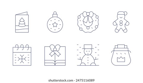 Christmas icons. Editable stroke. Containing calendar, card, christmasball, gingerbreadman, letters, snowman, wreath.