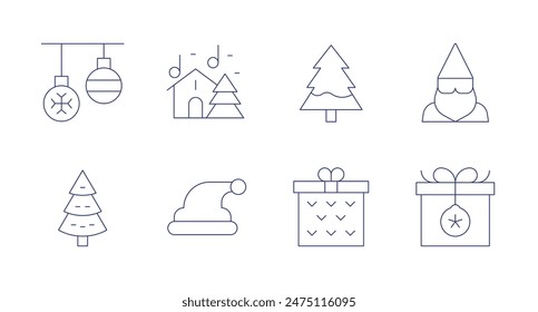 Christmas icons. Editable stroke. Containing baubles, boxingday, christmashat, christmasmusic, christmastree, pinetree.