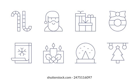 Christmas icons. Editable stroke. Containing calendar, candycane, christmasholly, present, santaclaus, snowball.