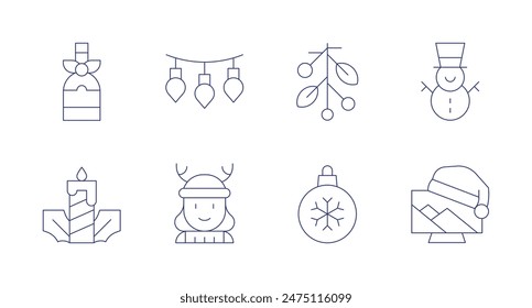 Christmas icons. Editable stroke. Containing candle, champagne, christmasball, girl, lights, mistletoe, snowman, tv.