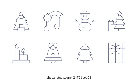 Christmas icons. Editable stroke. Containing boxingday, candles, christmasbell, christmasmusic, pinetree, snowman.